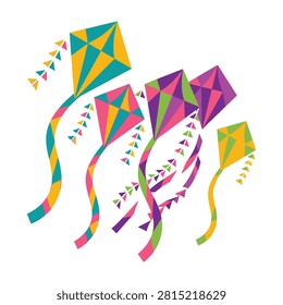 Vibrant colorful kites soar through the air with long streamers flying recreational outdoor fun