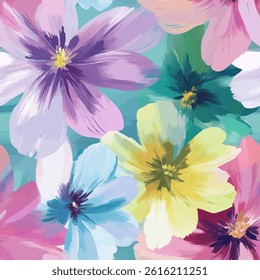 Vibrant, colorful of large flowers in various shades of pink and purple, yellow and green. watercolor flower seamless pattern. Watercolor print in rustic vintage style, textile or wallpaper.  