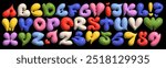 A vibrant colorful Latin 3D bubble font with heart-shaped letters, blending playful graffiti and cartoon styles. Font with numbers inflated figures in a cartoon children