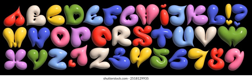 A vibrant colorful Latin 3D bubble font with heart-shaped letters, blending playful graffiti and cartoon styles. Font with numbers inflated figures in a cartoon children's style.