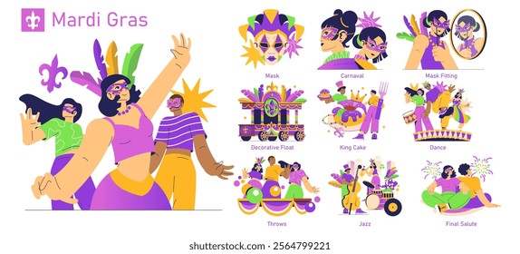 A vibrant and colorful Mardi Grasthemed illustration featuring stunning costumes, ornate masks, and lively festivities