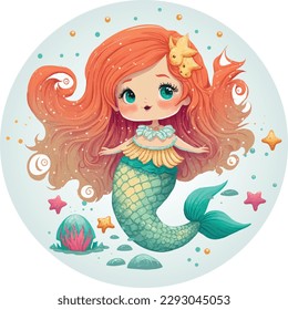 Vibrant and colorful mermaid illustration, depicting a mysterious underwater scene with the main character being a beautiful mermaid, captivated by the melody of the sea.