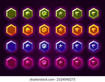 Vibrant colorful metallic level rank badges bundle. Green, yellow, blue, pink colors. Award and progress.