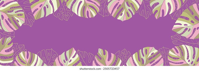 vibrant colorful monstera leaf tropical banner social media header border frame sign presentation template graphic design art vector outline collage purple background texture leaves title horizontal 