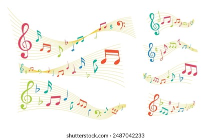 Vibrant Colorful Musical Notes And Clefs Flowing Along Wave-like Lines On White Background, Represent Creativity