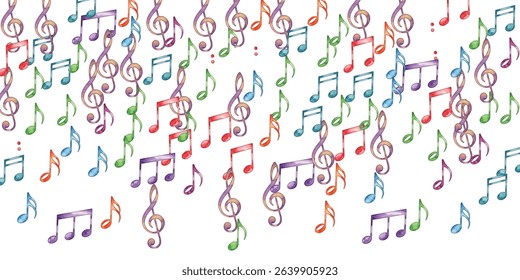 Vibrant, colorful musical notes pattern on a white background. Perfect for music-themed projects, creative designs, and decorative elements. Ideal for backgrounds, prints, and digital artwork.