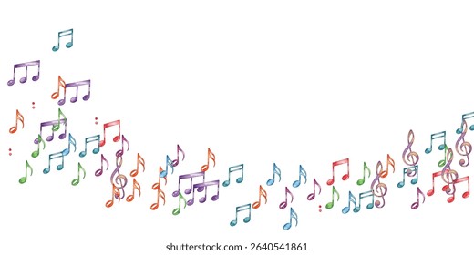 Vibrant, colorful musical notes pattern on a white background. Perfect for music-themed projects, creative designs, and decorative elements. Ideal for backgrounds, prints, and digital artwork.