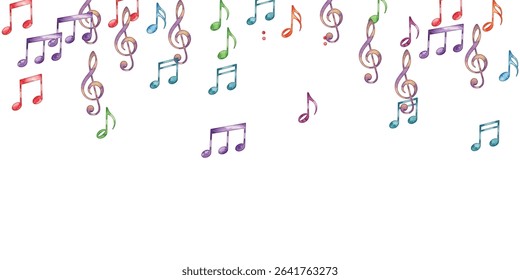 Vibrant, colorful musical notes pattern on a white background. Perfect for music-themed projects, creative designs, and decorative elements. Ideal for backgrounds, prints, and digital artwork.