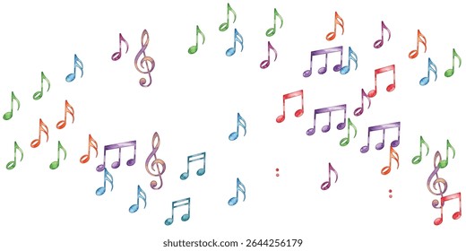 Vibrant, colorful musical notes pattern on a white background. Perfect for music-themed projects, creative designs, and decorative elements. Ideal for backgrounds, prints, and digital artwork.