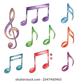 Vibrant, colorful musical notes pattern on a white background. Perfect for music-themed projects, creative designs, and decorative elements. Ideal for backgrounds, prints, and digital artwork.