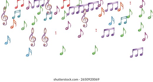 Vibrant, colorful musical notes pattern on a white background. Perfect for music-themed projects, creative designs, and decorative elements. Ideal for backgrounds, prints, and digital artwork.