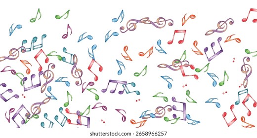 Vibrant, colorful musical notes pattern on a white background. Perfect for music-themed projects, creative designs, and decorative elements. Ideal for backgrounds, prints, and digital artwork.