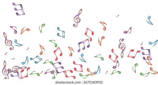 Vibrant, colorful musical notes pattern on a white background. Perfect for music-themed projects, creative designs, and decorative elements. Ideal for backgrounds, prints, and digital artwork.