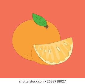 A Vibrant and Colorful Orange Fruit featuring Beautifully Designed Slice and Leaf Illustrations