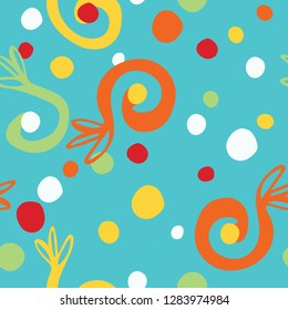 Vibrant, colorful organic shapes seamless repeating pattern. Quirky hand drawn imaginary plants with irregular dots in bright colors. For birthdays, kids fashion, party decorations and textiles.