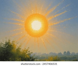 Vibrant and colorful painting of a sun with rays extending outward in a spectrum of colors, resembling an abstract sunrise or sunset. Symbolizes hope or new beginnings.