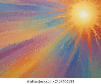 Vibrant and colorful painting of a sun with rays extending outward in a spectrum of colors, resembling an abstract sunrise or sunset. Symbolizes hope or new beginnings.