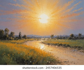 Vibrant and colorful painting of a sun with rays extending outward in a spectrum of colors, resembling an abstract sunrise or sunset. Symbolizes hope or new beginnings.