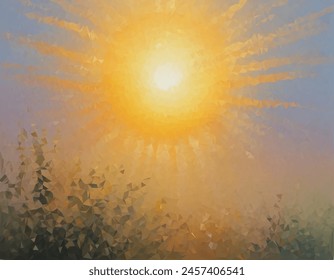 Vibrant and colorful painting of a sun with rays extending outward in a spectrum of colors, resembling an abstract sunrise or sunset. Symbolizes hope or new beginnings.