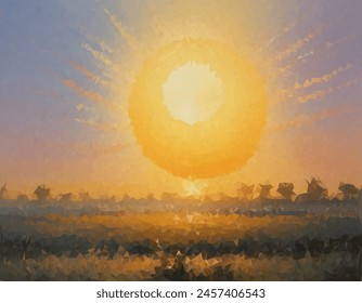 Vibrant and colorful painting of a sun with rays extending outward in a spectrum of colors, resembling an abstract sunrise or sunset. Symbolizes hope or new beginnings.