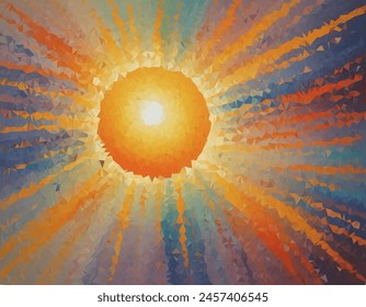 Vibrant and colorful painting of a sun with rays extending outward in a spectrum of colors, resembling an abstract sunrise or sunset. Symbolizes hope or new beginnings.