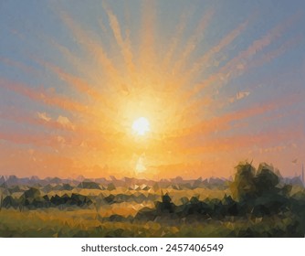 Vibrant and colorful painting of a sun with rays extending outward in a spectrum of colors, resembling an abstract sunrise or sunset. Symbolizes hope or new beginnings.