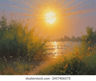 Vibrant and colorful painting of a sun with rays extending outward in a spectrum of colors, resembling an abstract sunrise or sunset. Symbolizes hope or new beginnings.