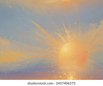 Vibrant and colorful painting of a sun with rays extending outward in a spectrum of colors, resembling an abstract sunrise or sunset. Symbolizes hope or new beginnings.