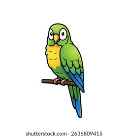 Vibrant Colorful Parrot Perched on Wooden Branch on White Background Isolated