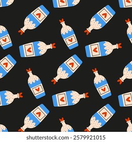 A vibrant and colorful pattern featuring chicken sauce bottles adds charm and creativity