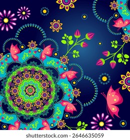 A vibrant, colorful pattern featuring flowers, butterflies, and intricate designs against a dark background.