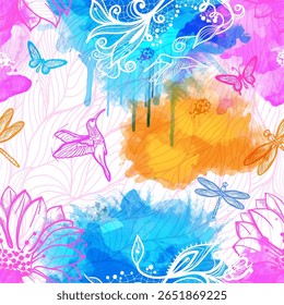 A vibrant, colorful pattern featuring flowers, butterflies, and