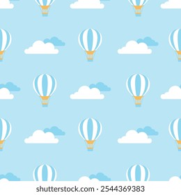 A Vibrant and Colorful Pattern Featuring Hot Air Balloons Floating Among Soft, Fluffy Clouds