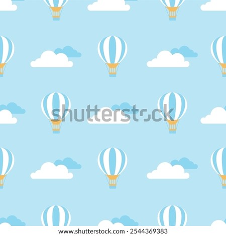 A Vibrant and Colorful Pattern Featuring Hot Air Balloons Floating Among Soft, Fluffy Clouds