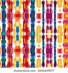 Padrão vibrante e colorido com formas simétricas, listras, linhas grunge padrão ikat, flores silvestres padrão sem costura, fundo de ilustração Vetor para imprimir o papel.