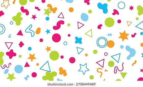 Um padrão vibrante e colorido com uma variedade de formas e formas espalhadas por um fundo branco.