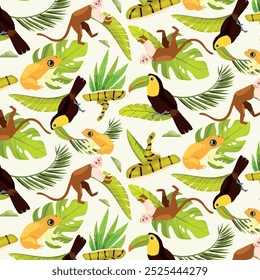 A vibrant and colorful pattern featuring various tropical animals and plants. 
