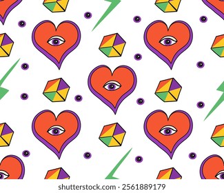 A vibrant and colorful pattern showcases hearts, eyes, and various geometric shapes against a pristine white background