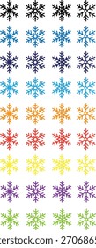 Vibrant and colorful pattern of snowflake illustrations in various hues arranged in a grid. The snowflakes are drawn with thin, symmetrical lines and are presented in a gradient of colors from black.