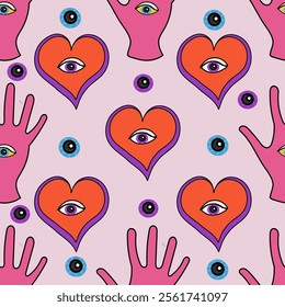 A vibrant and colorful pattern that showcases hearts, eyes, and hands, ideal for modern aesthetic designs