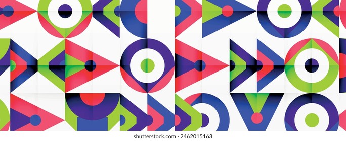 A vibrant and colorful pattern of triangles and circles in shades of magenta and electric blue, creating a symmetrical design on a white background
