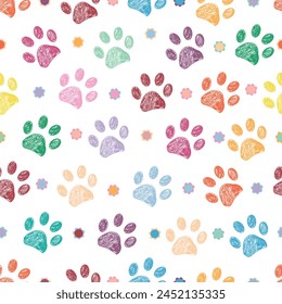 Vibrant colorful paw print with flowers seamless fabric design pattern