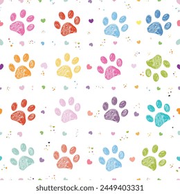 Vibrant colorful paw prints with hearts seamless pattern