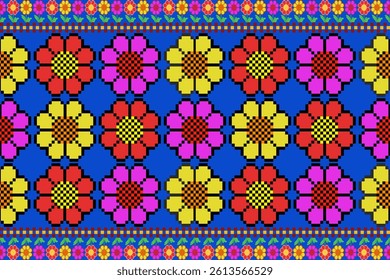 A vibrant and colorful pixel art pattern showcasing bold floral shapes and tribal-inspired geometric motifs set against a deep blue background.Textile design, ethnic cultures, combining floral element