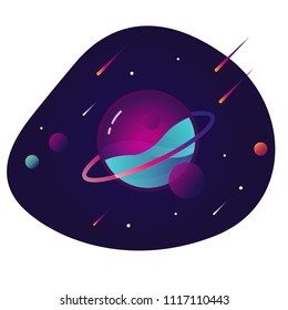 Vibrant colorful planet with stars and speeding comets. Outer space conceptual icon in modern flat material design style. EPS 10