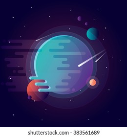 Vibrant colorful planets with falling comets. Universe vector illustration in flat design style