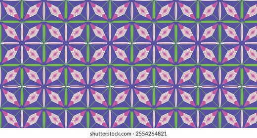 A vibrant and colorful seamless geometric pattern featuring purple, green, and blue tones, perfect for creative and eye-catching designs.