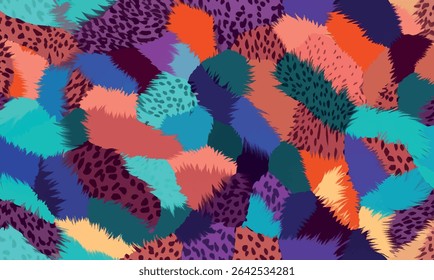 Vibrant and colorful seamless pattern composed of faux fur patches in various anima textures. Design combines cheetah, leopard, and abstract fur styles in bold tones of purple, teal, orange, coral.