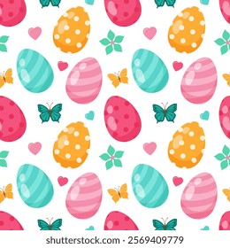 A Vibrant and Colorful Seamless Pattern Featuring Easter Eggs, Cheerful Butterflies, and Bright Leaves. Endless texture. Vector illustration.