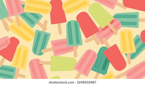 Um padrão contínuo vibrante e colorido com uma variedade de picolés refrescantes espalhados por um fundo claro, perfeito para projetos de verão.